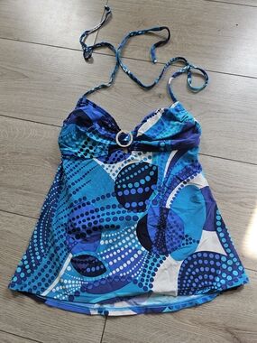 ​Christina Halter Tankini Top Size 10 Blue Abstract Polka Dot Swimsuit Ring 🔥